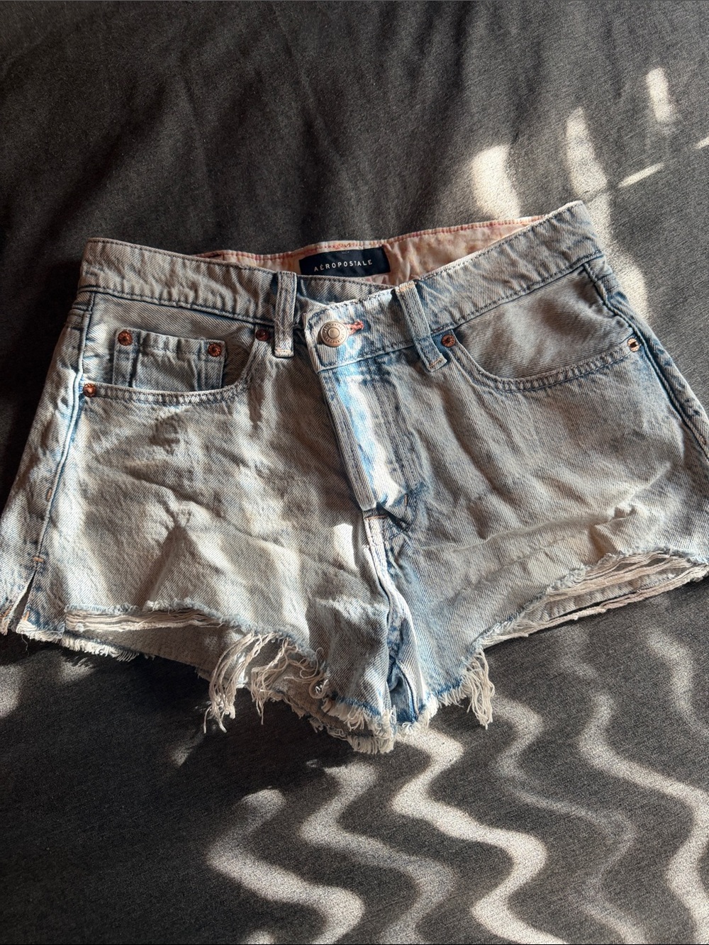 Aeropostale Light Wash Distressed Denim Cross-Button Cutoff Shorts